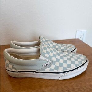 Blue and White Checkered Slip on Vans Wmns 9, Mens 7.5